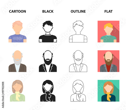 Boy in a cap, redheaded teenager, grandfather with a beard, a woman.Avatar set collection icons in cartoon,black,outline,flat style vector symbol stock illustration web.