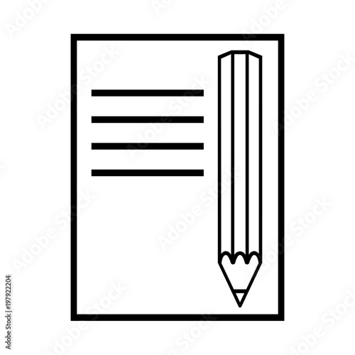 Pencil and copybook line icon. Classical wooden pencil and notes with text. Vector Illustration
