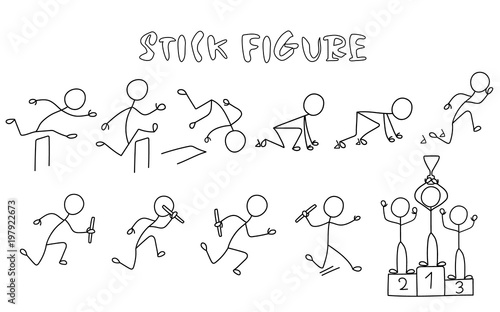 Set of stick figure athletics. Simple drawing running people pictures.Sport vector illustration