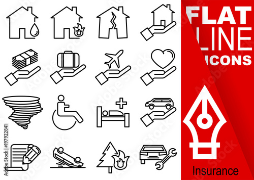Editable stroke 70x70 pixel. Simple Set of insurance vector sixteen flat line Icons - fire, flood, earthquake, house, finance, travel, health, hurricane, wheelchair, contract, car accident, repair