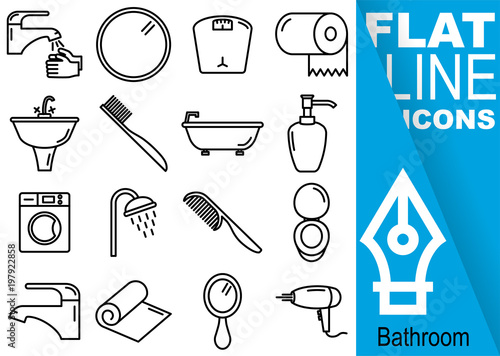 Editable stroke. Simple Set of bathroom vector flat line Icons - hands, mirror, weight, toilet paper, washbasin, toothbrush, bathtub, soap, washing machine, shower, crest, faucet, towel, hair dryer