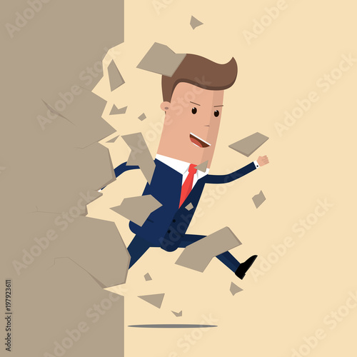 Overcome barrier. Businessman breaking the wall. Metaphor concept about breaking through obstacle to achieve success. Vector Illustration