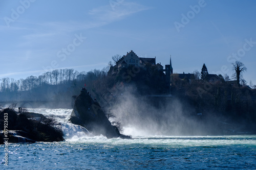 Falls of Rhine river, on March 25. 2018 in Schaffhausen, Switzerland, view to the castle