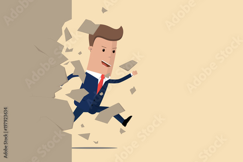 Overcome barrier. Businessman breaking the wall. Metaphor concept about breaking through obstacle to achieve success. Vector Illustration