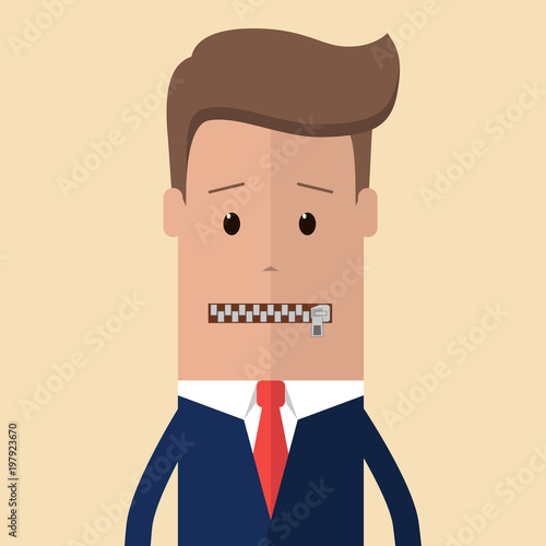 The businessman's mouth is closed with a zipper. Concept of restricted expression, silence, anonymity. Vector illustration