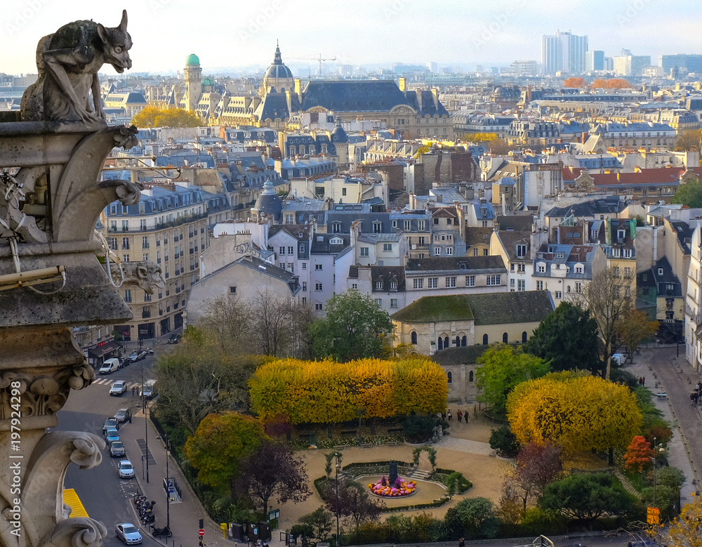 Chimeras (gargoyles) of the Cathedral of Notre Dame de Paris overlooking Paris, France