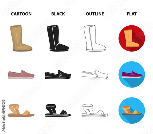 Beige ugg boots with fur, brown loafers with a white sole, sandals with a fastener, white and blue sneakers. Shoes set collection icons in cartoon,black,outline,flat style vector symbol stock