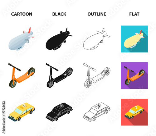 A dirigible, a children scooter, a taxi, a helicopter.Transport set collection icons in cartoon,black,outline,flat style vector symbol stock illustration web.