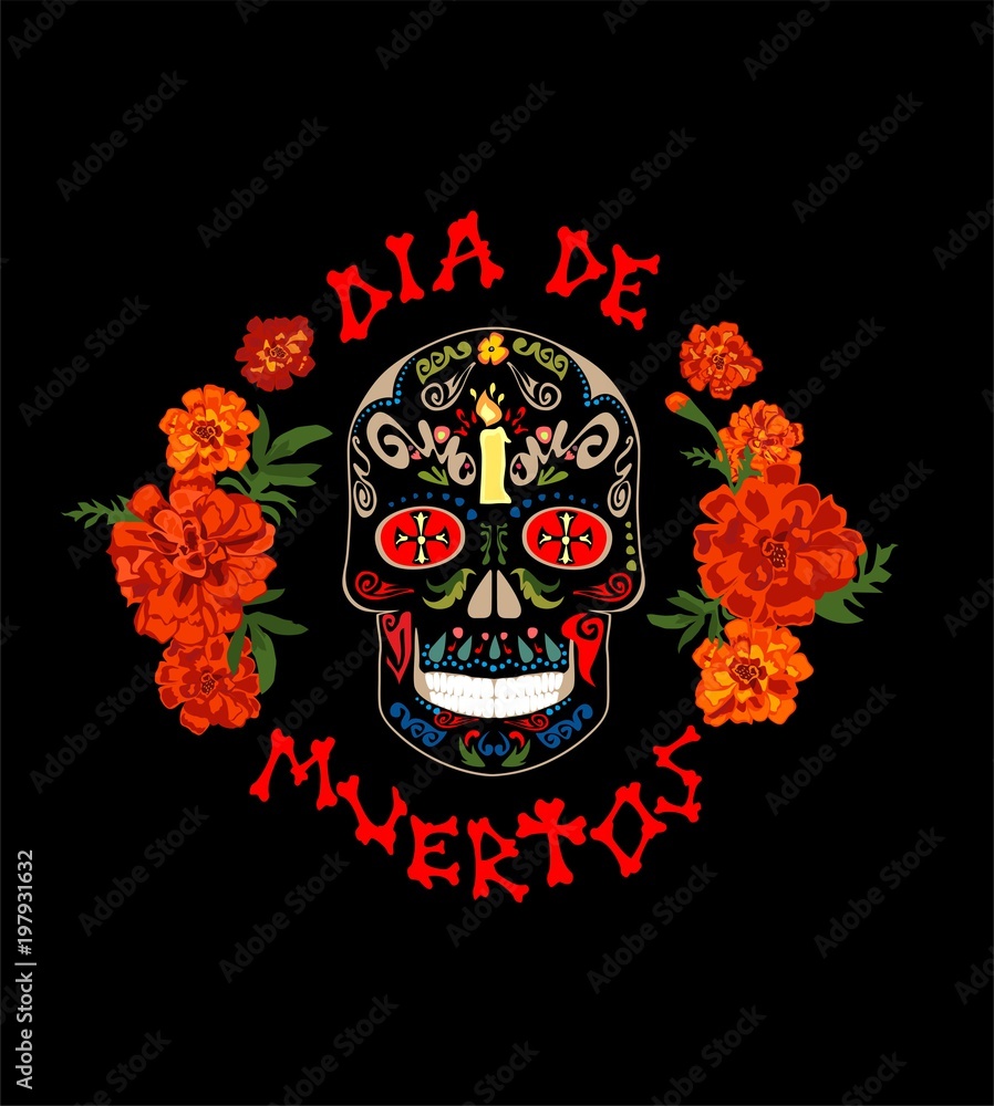 T-shirt print with colorful mexican sugar skull, marigold and dia de muertos hand drawing lettering for day of death on black background T-shirt print with colorful mexican sugar skull, marigold and dia de muertos hand drawing lettering for day of death on black background