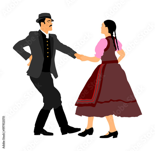Hungarian folk dancers couple vector. Germany folk dancers couple. Austrian folk dancers couple. East Europe folklore. Couple in love dancing Balkan folk. Folklore event on wedding ceremony.