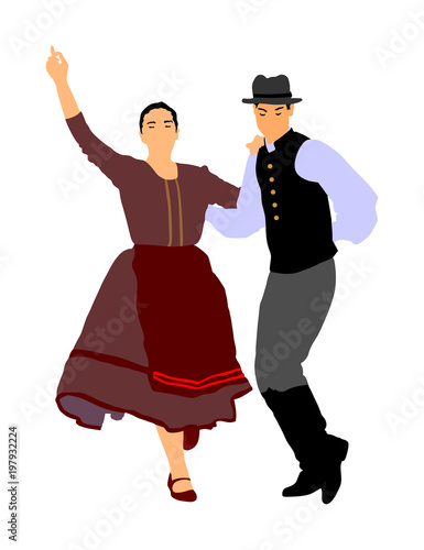 Hungarian folk dancers couple vector. Germany folk dancers couple. Austrian folk dancers couple. East Europe folklore. Couple in love dancing Balkan folk. Folklore event on wedding ceremony.