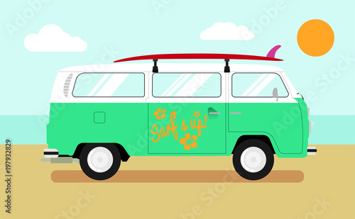 A surfer van parked on the beach