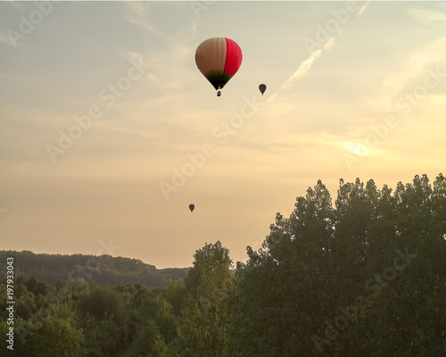 Flight over the forest. Balloons in the sky above the outskirts of Leipzig