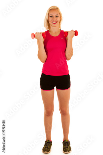 Active sporty woman works out with dumbbells isolated over white background