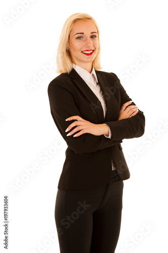 Attractive business woman standing isolated over white background