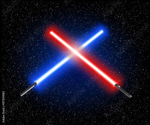 Two crossed light swords - blue and red crossing laser lightsabers vector illustration photo