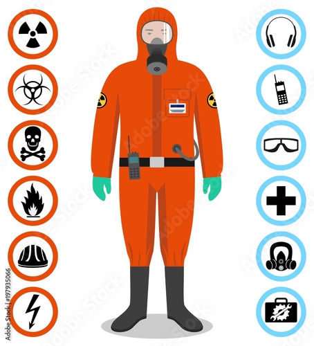 Industry concept. Detailed illustration of worker in orange protective suit. Safety and health vector icons. Set of signs: chemical, radioactive, dangerous, toxic, poisonous, hazardous substances.