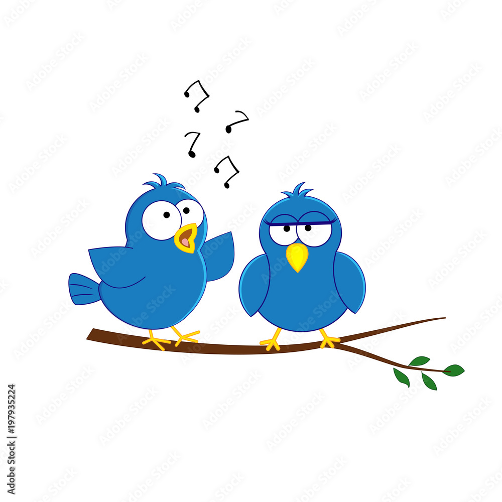 Cute acrtoon blue birds couple sitting on the brunch. Vector ill Cute acrtoon blue birds couple sitting on the brunch. Vector ill