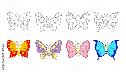 Coloring book page for preschool children with colorful butterfl