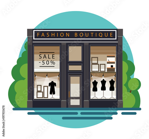 Boutique. Boutique facade. Fashion boutique. Illustration of a fashion boutique in a flat style. Beautiful fashion boutique with clothes in the shop window. Boutique showscase with dummy. Vector