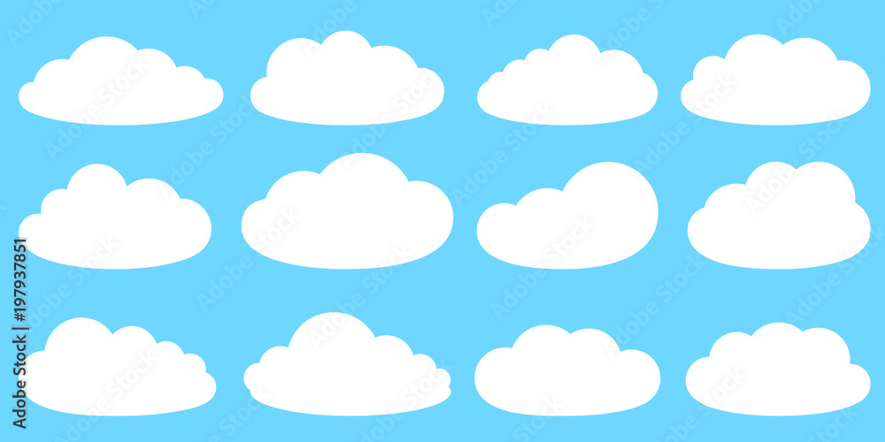 Set of flat clouds in sky. Collection of white clouds on blue background. Graphic vector design element for logo, label, web and print. Set of flat clouds in sky. Collection of white clouds on blue background. Graphic vector design element for logo, label, web and print.