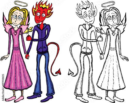Canvastavla Cute imp presenting a flower to a sweet angel