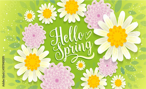 Hello spring banner. Trendy texture. Season vocation, weekend, holiday logo. Spring Time Wallpaper. Happy spring Day. Spring vector Lettering text. Fashionable styling. Flower vector.