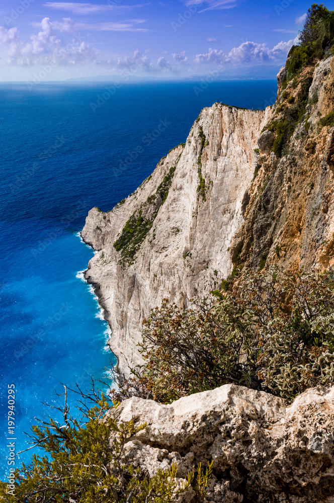 Mountain going down to the sea. The rocks are born from the sea..  Navagio Zakynthos Anafonitria view from the top of the mountain.