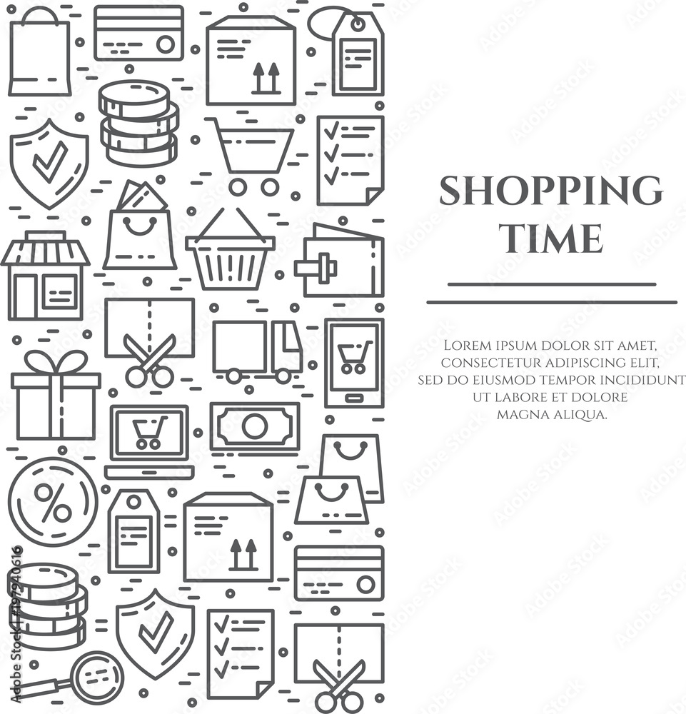 Shopping theme banner with vertical rectangle consisting of line icons with editable stroke.