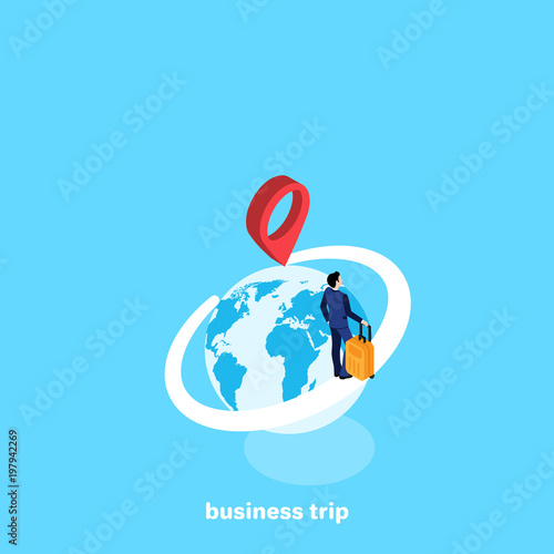 a man in a business suit with a suitcase in his hand and a globe, an isometric image