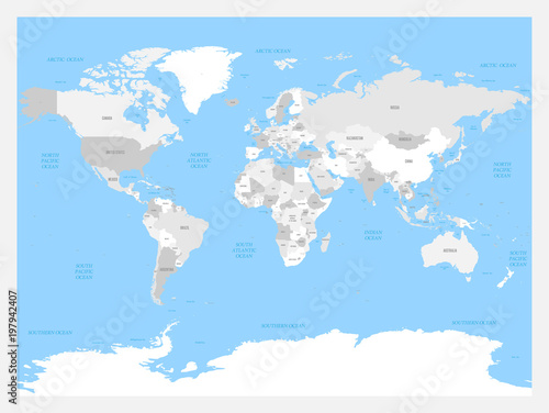 Light grey political World map on solid blue background. Vector illustration.