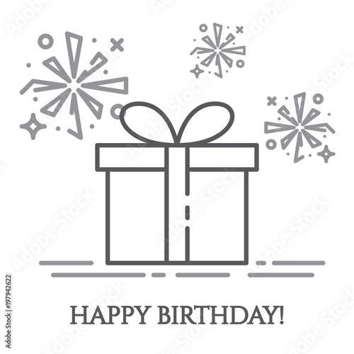Present box with ribbon and bow and firework around it in thin line style isolated on white background.