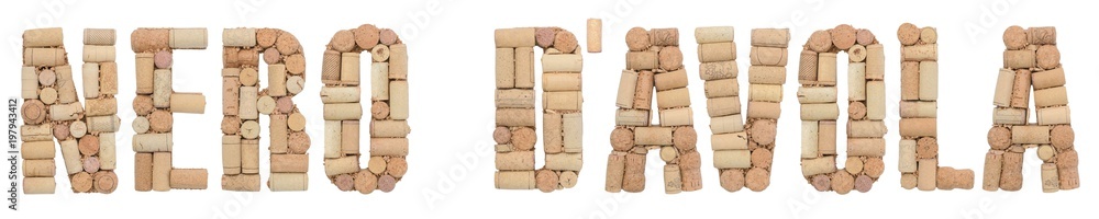 Grape variety Nero d'Avola made of wine corks Isolated on white background