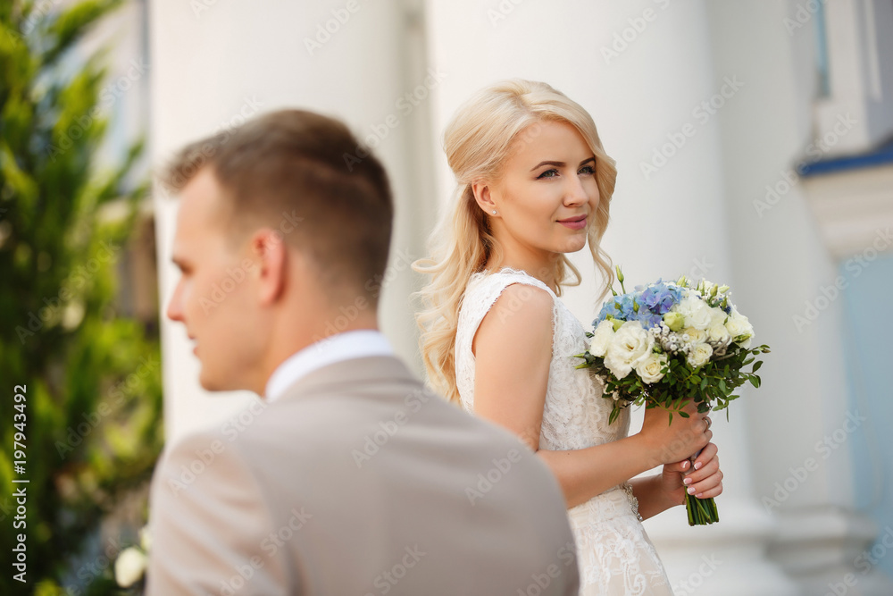Happy wedding day. Beautiful bride near groom. Portrait of bride Happy wedding day. Beautiful bride near groom. Portrait of bride
