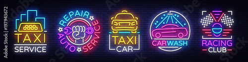 Set logos in neon style Transportation. Design Template, Neon Signs Collection, Auto Service, Garage, Racing Club, Car Wash, Taxi Service, Repair Car. Night light advertising. Vector illustration