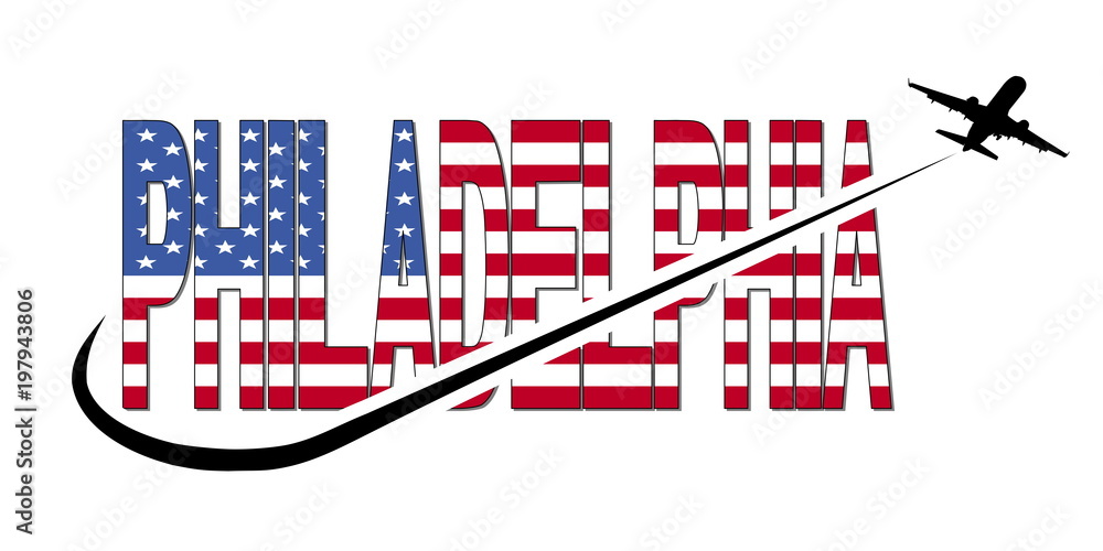 Obraz premium Philadelphia flag text with plane silhouette and swoosh illustration