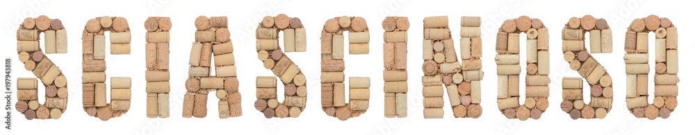 Grape variety Sciascinoso made of wine corks Isolated on white background