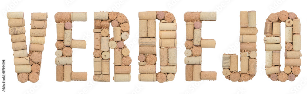 Grape variety Verdejo made of wine corks Isolated on white background