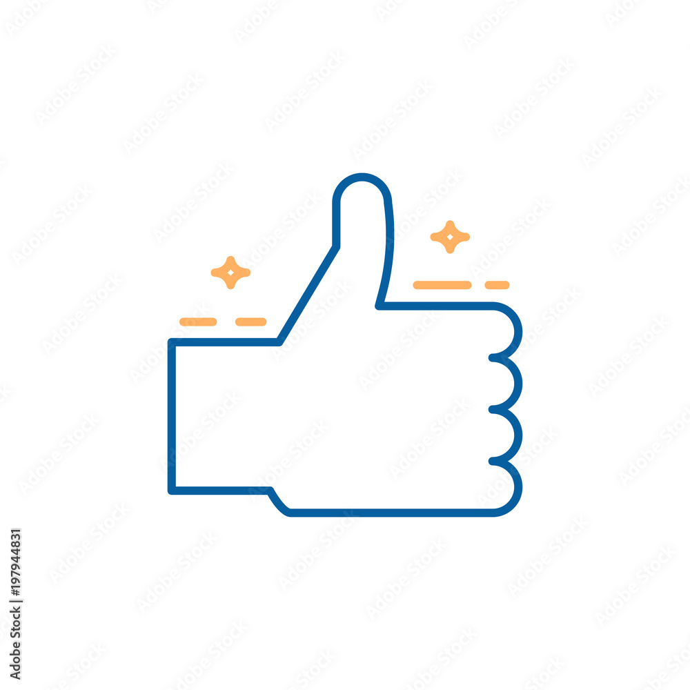 Cheerful thumbs up with stars. Approval, certified vector trendy thin line icon illustration design Cheerful thumbs up with stars. Approval, certified vector trendy thin line icon illustration design