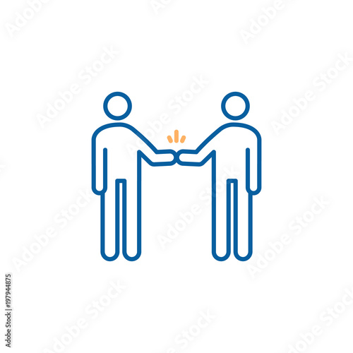 Characters shaking hand. Fist bump. Vector trendy thin line icon illustration design for teamwork, partnership, friendship, greetings, celebration.