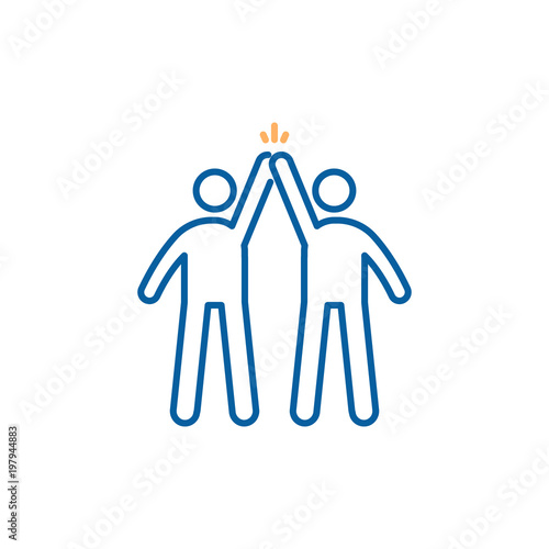 Teamwork success. Partners high fiving eachother after success. Vector trendy thin line icon illustration design
