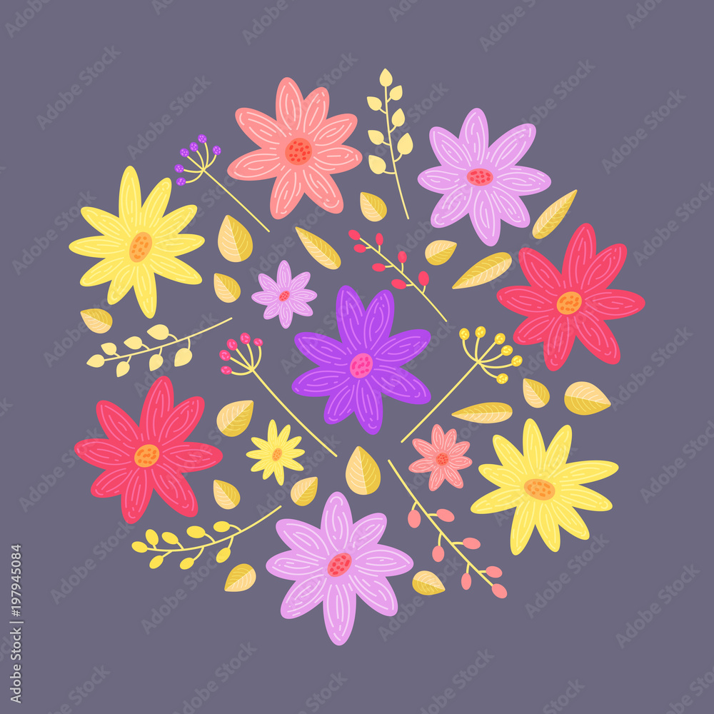 Flower vector illustration. Floral round arrangement with violet, pink and yellow flowers on dark background