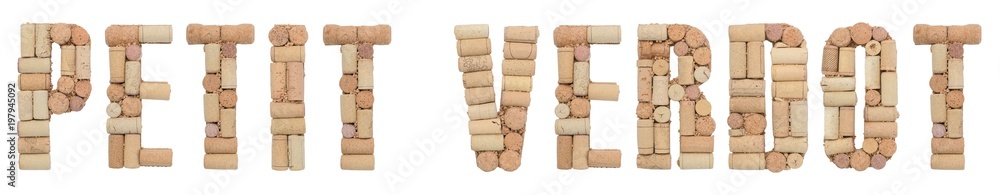 Grape variety Petit Verdot made of wine corks Isolated on white background