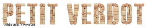 Fotografie Grape variety Petit Verdot made of wine corks Isolated on white background