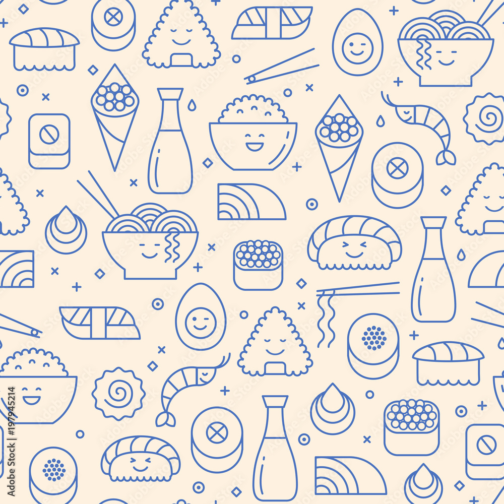 Blue iconic seamless pattern with  typical Japanese cuisine. Ramen, sushi, maki and fish. Pastel beige background. Kawai, line art.