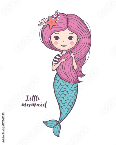 Cute little mermaid. Beautiful cartoon mermaid girl with pink hair,  character design, isolated on white background. Vector illustration. Stock  Vector | Adobe Stock