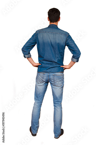 Back view of a young man in casual clothes, isolated on white