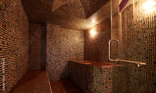 Interior of luxury turkish bath hammam. Traditional Turkish bathroom. Classic Turkish sauna hammam