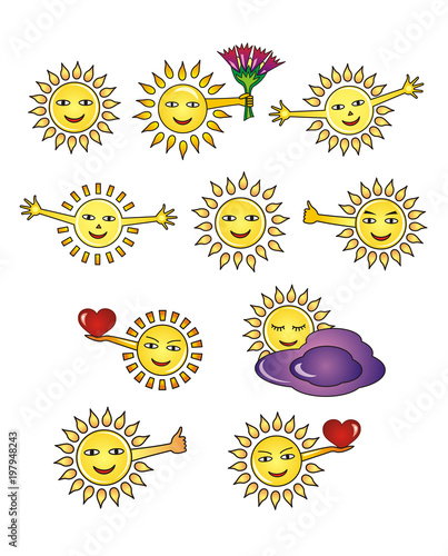 Smiling sun - icons, smileys. 10 pictures of positive, joyful emotions. Vector graphics photo