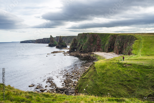 Scenic landscape at Duncansby Head with two spectacular sea-stacks, Caithness, Scotland, Britain